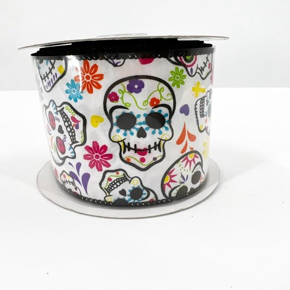 NEW Wired Ribbon Halloween Sugar Skull Day of the Dead White Multicolor 2.5" - Picture 2 of 4